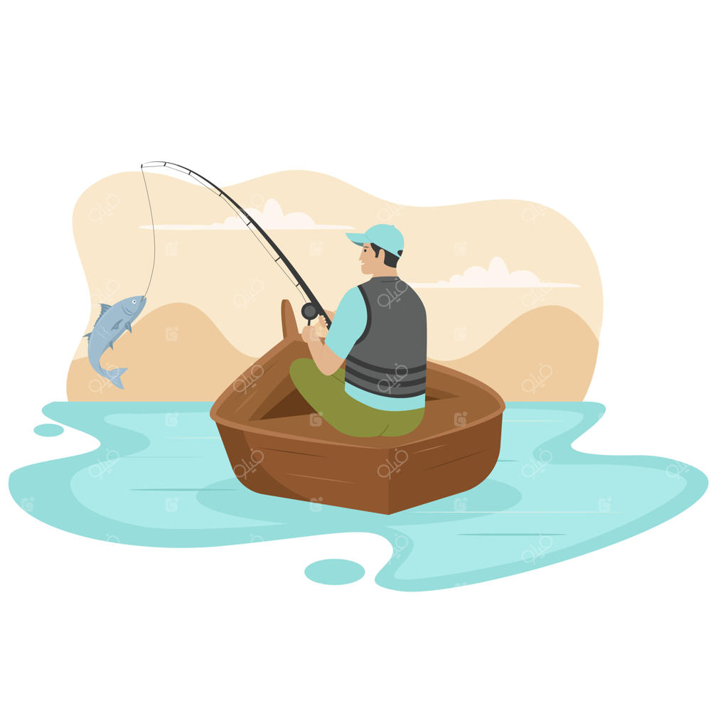 تصویرسازی مفهومی ماهیگیر در قایق چوبی