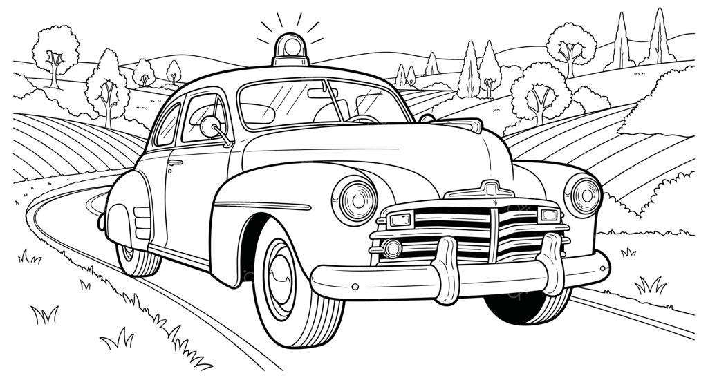 صفحه رنگ‌آمیزی ماشین پلیس کلاسیک در جاده روستایی