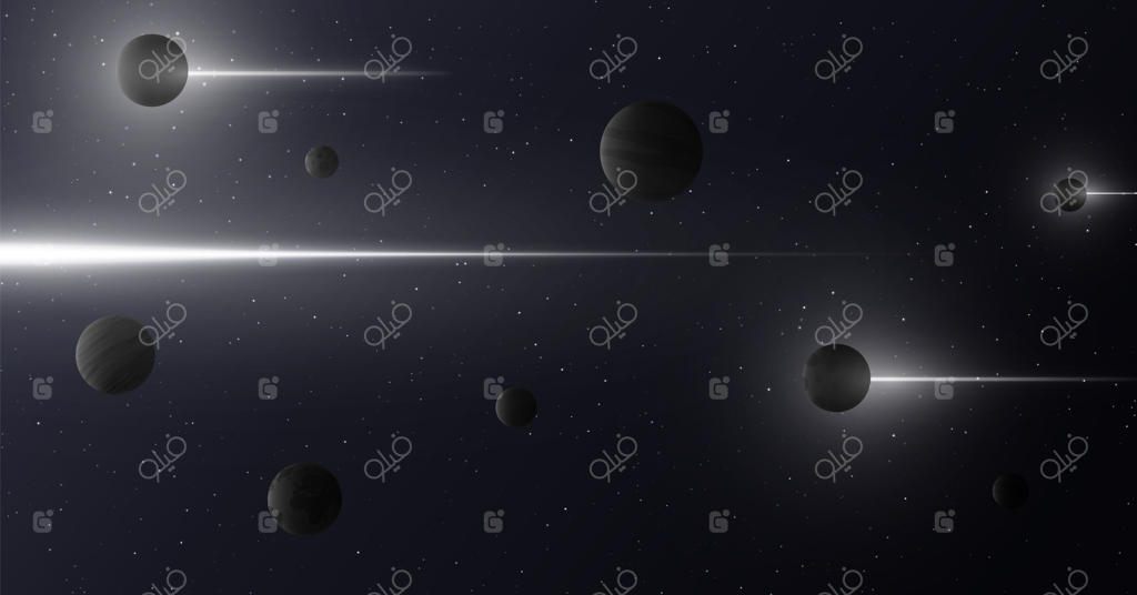 سیارات سه‌بعدی با زمینه‌ای از ستاره‌ها و کهکشان. خطوط نوری انتزاعی پرتوهای گاما در فضا عبور می‌کنند. طرحی با موضوعی خیالی. تصویرسازی وکتور