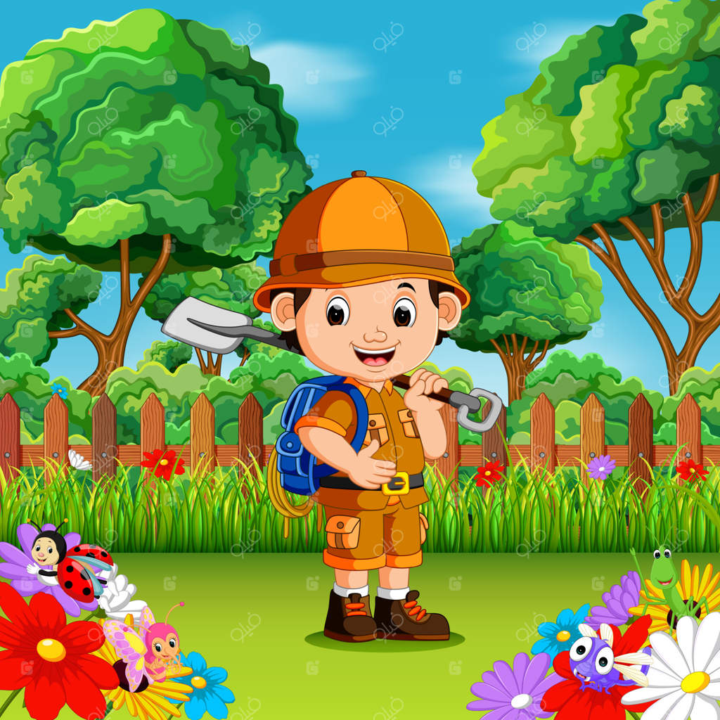 ماجراجویی پسر بانمک با یک بیلچه در باغ گل‌ها