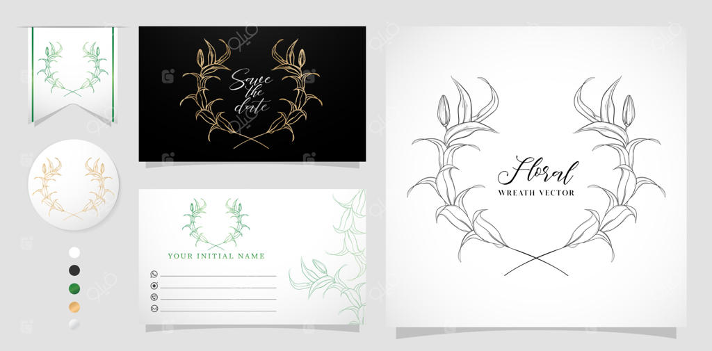 تصویر برداری از پس‌زمینه حلقه گل، برچسب برگ‌های گل جداگانه برای کارت‌های تبریک، دعوت‌نامه عروسی، کارت ویزیت با نام اختصاری شما، منوی تزئینی مناسب.