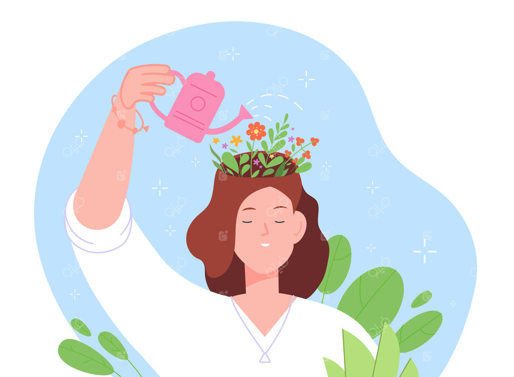 رشد مثبت: تفکر خوش‌بینانه و اعتماد به نفس - زنی که گل‌ها را در مغز خود می‌ریزد، سمبل رضایت ذهنی و روان‌شناسی، مراقبت از ذهن و تصویرسازی‌ای از مفهوم ذهنیت