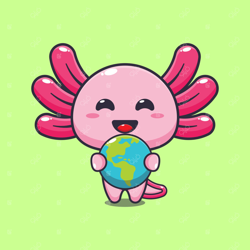 تصویر بامزه کارتونی آکسولوتل در حال بغل کردن زمین