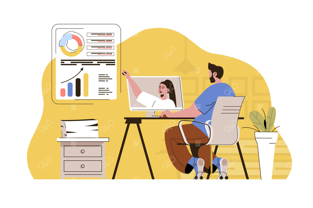 گفتگوی مرد با همکار درباره گزارش از طریق تماس تصویری