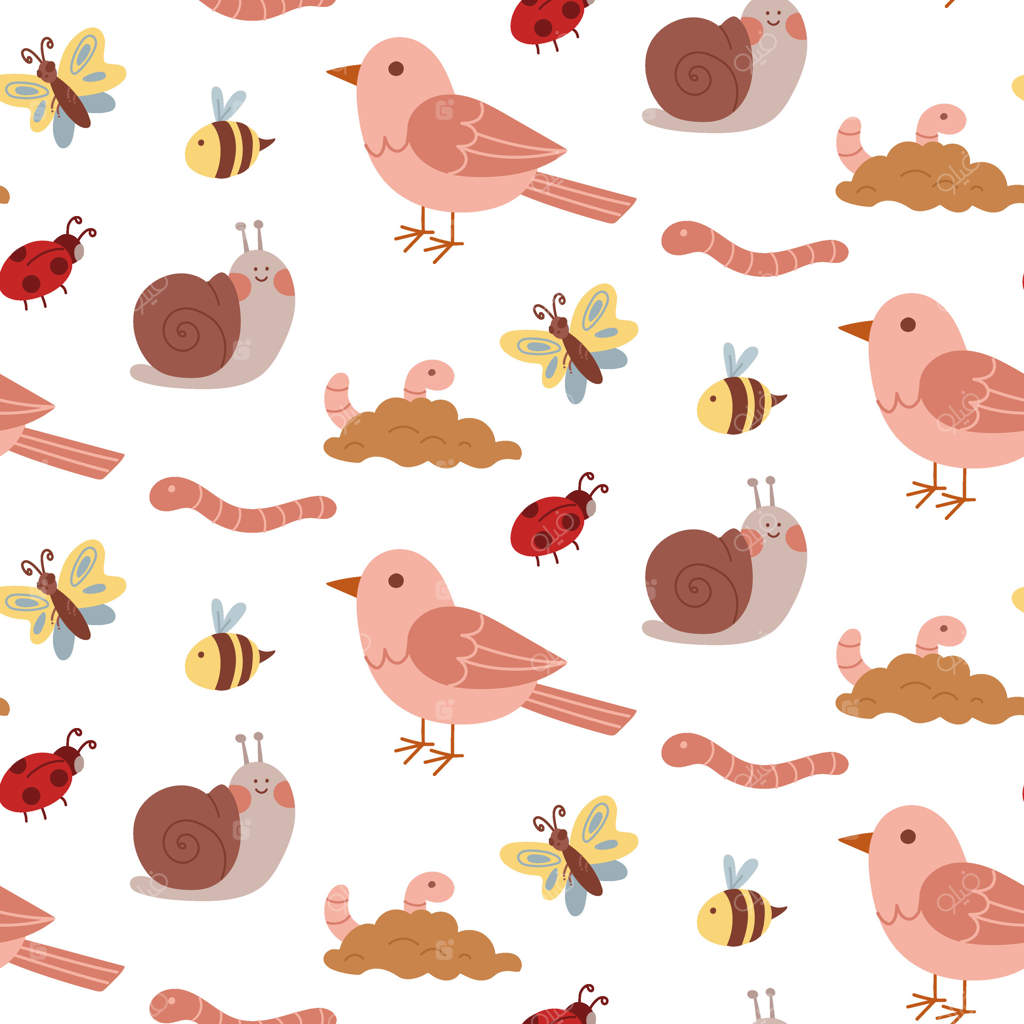 تصویرسازی تخت از حشرات و حیوانات بامزه در باغ. حلزون، پرنده، کفشدوزک، کرم، پروانه. مناسب برای چاپ، بسته‌بندی، پوستر و پروژه‌های کودکان یا طبیعت.