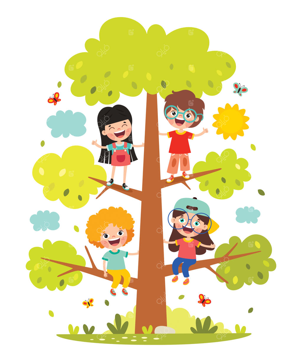 کارتون کودکان در حال بازی کنار درخت