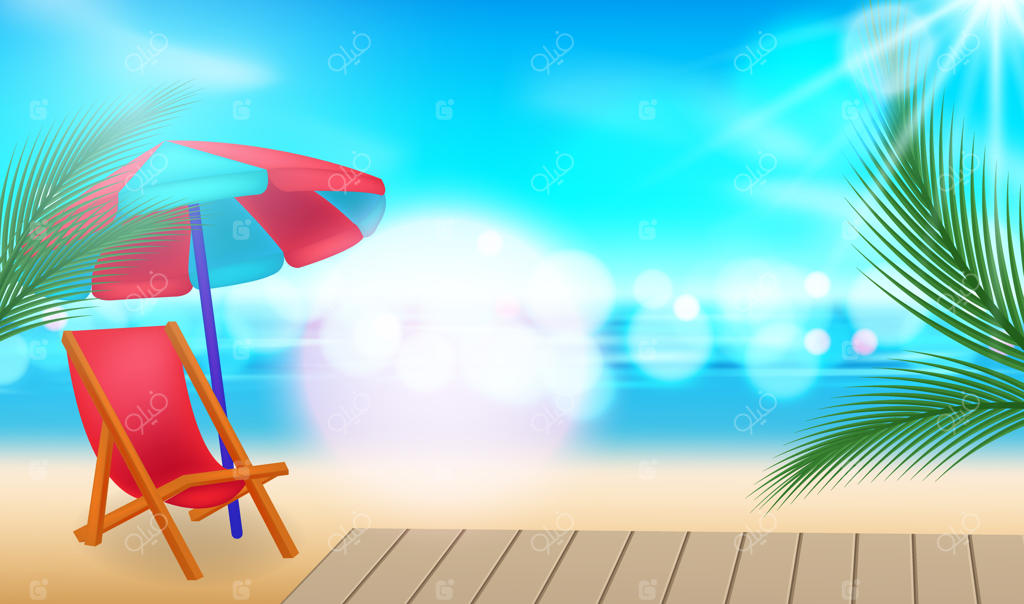 پس‌زمینه تعطیلات: ساحل با درختان نخل، سایبان و دریای آبی