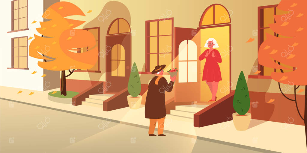 پیرمرد به همسرش گل می‌دهد. زوج سالمند وقتشان را با هم می‌گذرانند. پدربزرگ و مادربزرگ خوشحال در دوران بازنشستگی. تصویرسازی