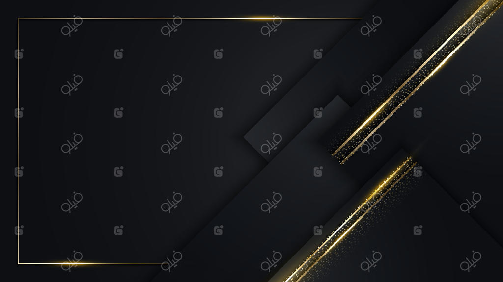 طراحی مدرن و لوکس سه‌بعدی با الگوی مربع‌های سیاه و طلایی و خطوط زرق و برق‌دار بر پس‌زمینه تیره