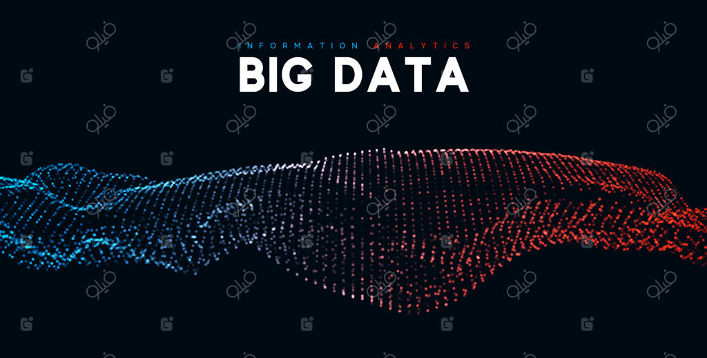 بصری‌سازی داده‌های کلان: موج اطلاعات و فن‌آوری نوین. پس‌زمینه‌ای آینده‌نگر از داده‌های دیجیتال. تصویرسازی وکتور.