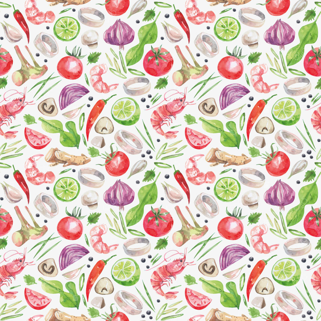 محصولات سوپ آسیایی تام یام در پترن یکپارچه بر روی زمینه سفید.