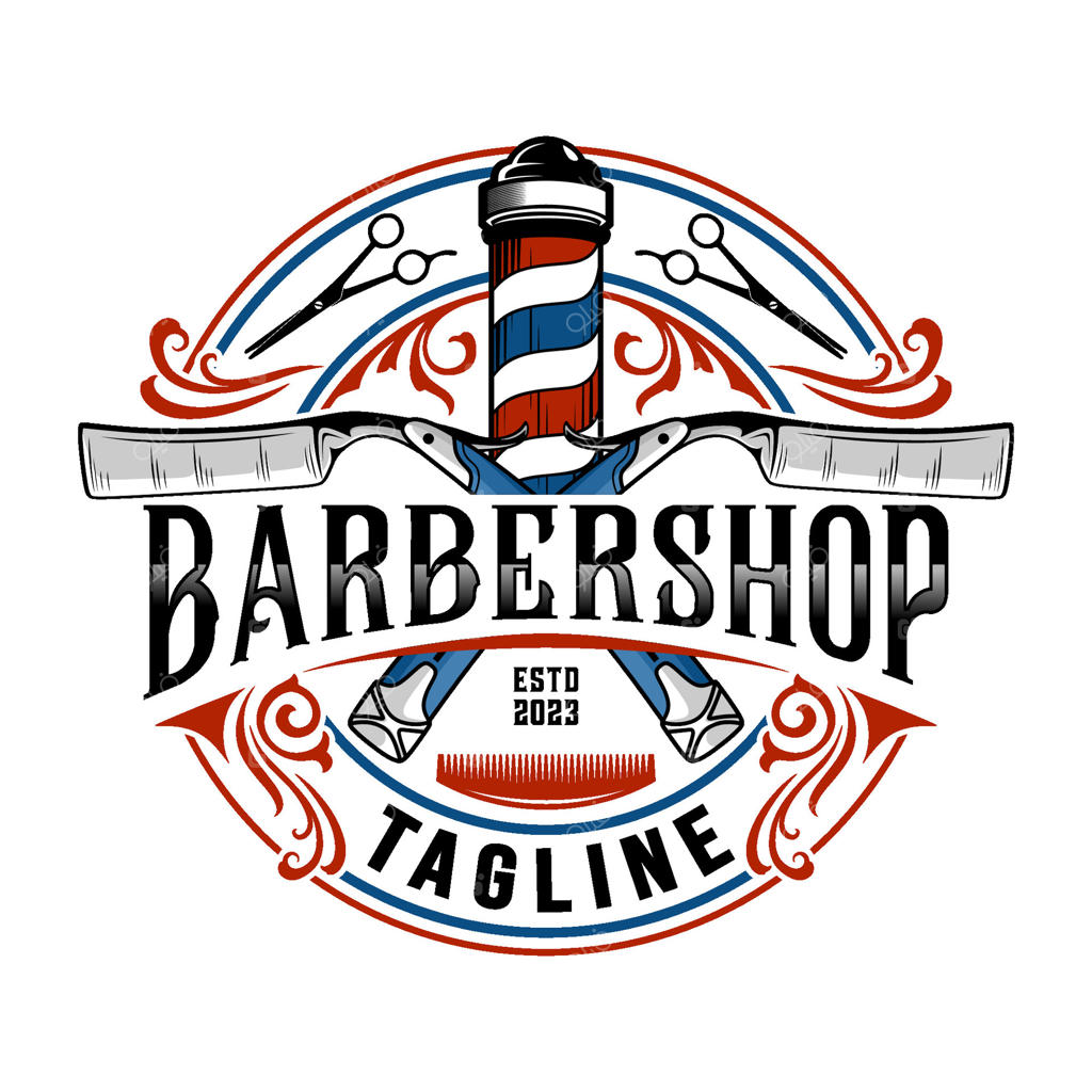 لوگوی آرایشگاه: میله آرایشگری و تیغ با طراحی قاب زیبا برای سالن آرایش و پیرایش مو.