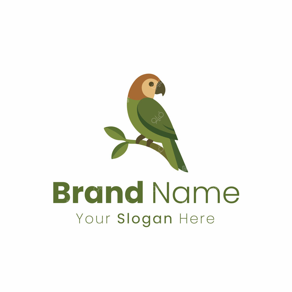طراحی لوگو طوطی نشسته روی شاخه با برگ‌ها
