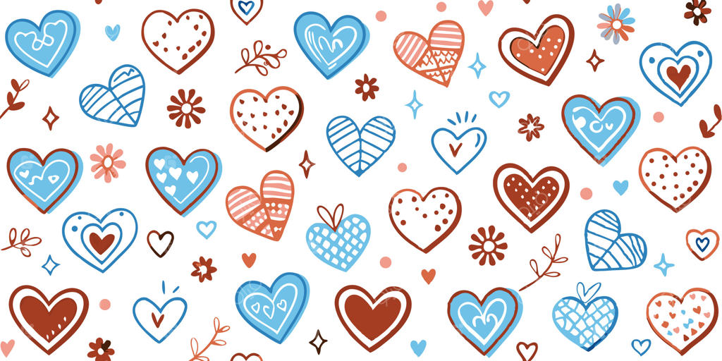پترن قلب عاشقانه با رنگ‌های ملایم آبی، قرمز و نارنجی و طرح‌های گلدار ولنتاین