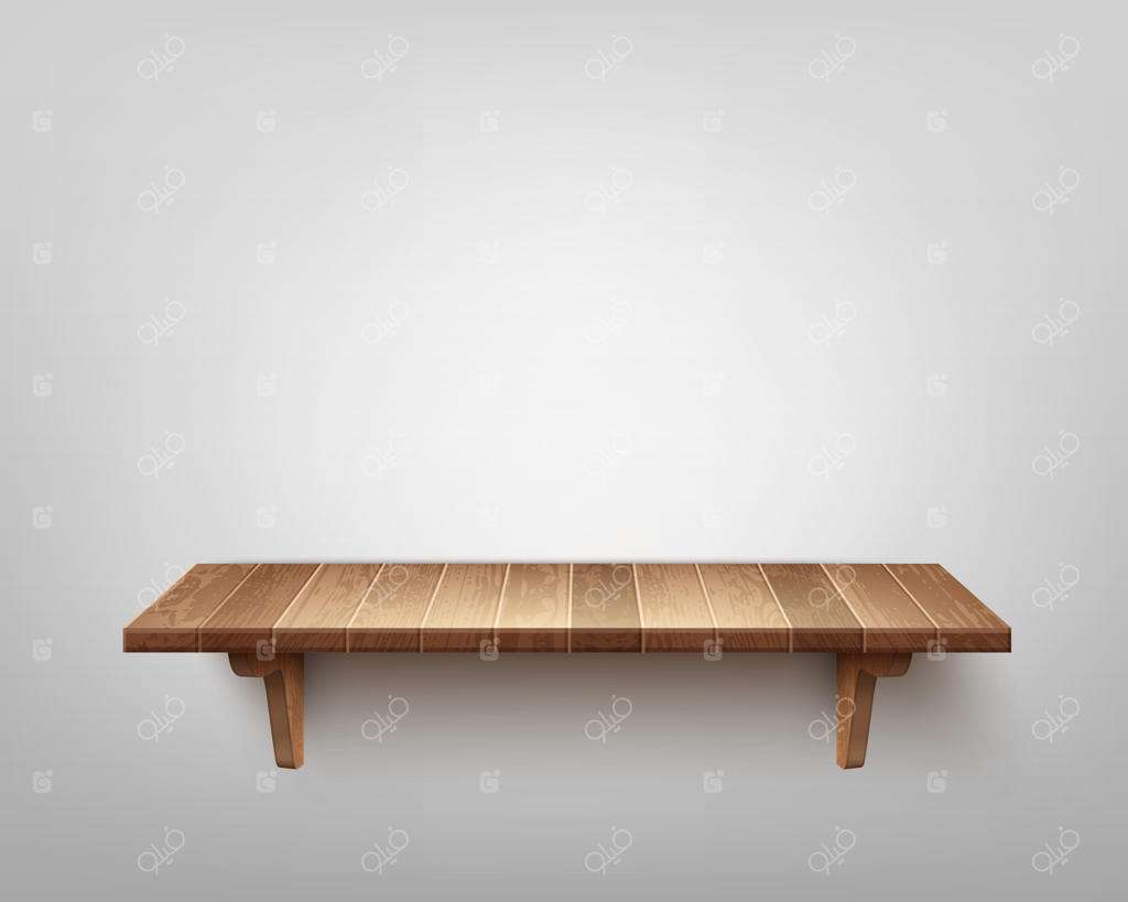 شلف چوبی تکی و واقع‌گرایانه روی پس‌زمینه دیوار