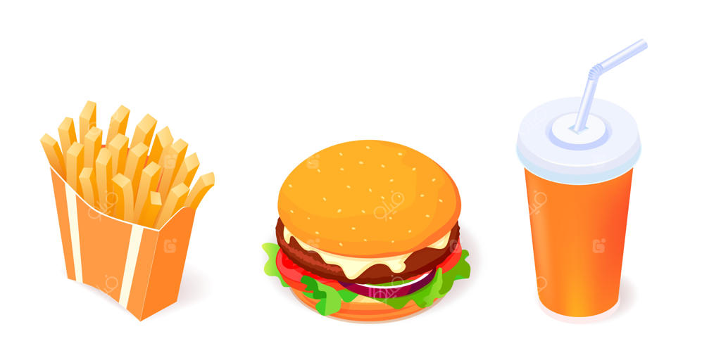 نمادهای مجموعه غذا - همبرگر، نوشابه و سیب‌زمینی سرخ‌کرده در پس‌زمینه سفید