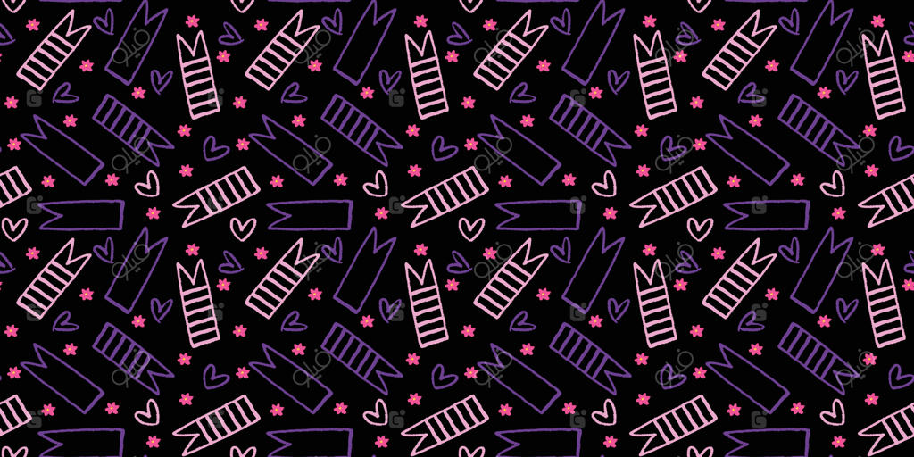 الگوی دلربای نقاشی با روبان، قلب و گل‌ها روی زمینه سیاه. طراحی دست کشیده برای کودکان، اسکرپ‌بوکینگ، تزئینات مهمانی و بسته‌بندی.