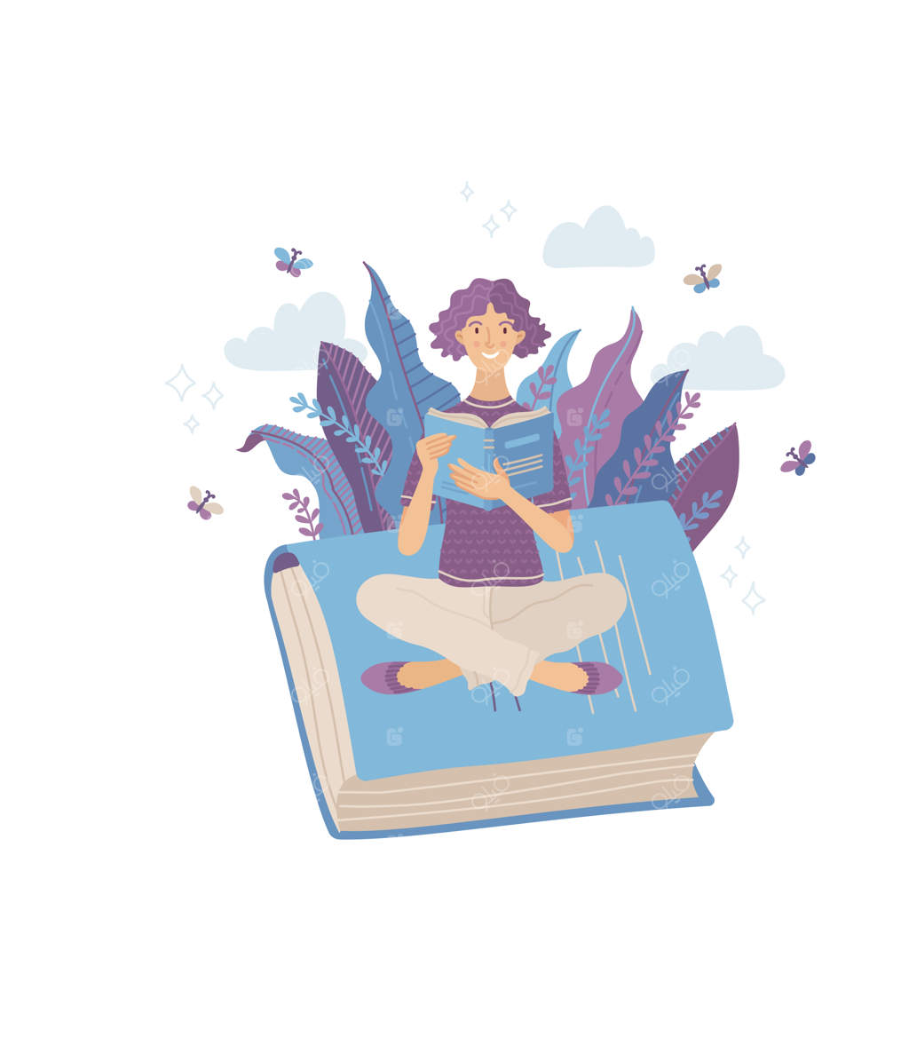 زنی جوان و خندان در حال خواندن کتاب روی کتابی غول‌پیکر