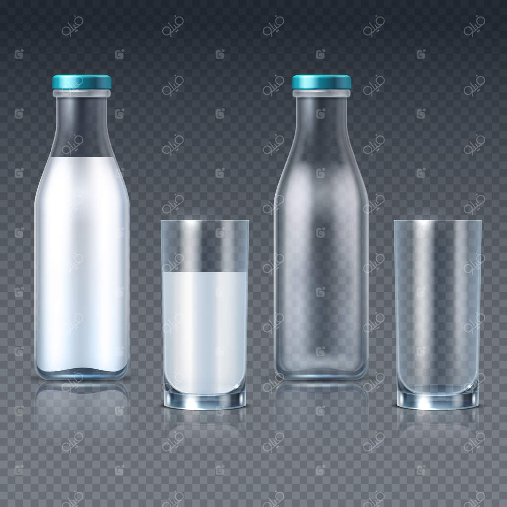 بطری‌ها و لیوان‌های شیشه‌ای واقع‌گرایانه با قالب‌های شیر. ظروف شیر نوشیدنی، تازه و لبنی برای صبحانه