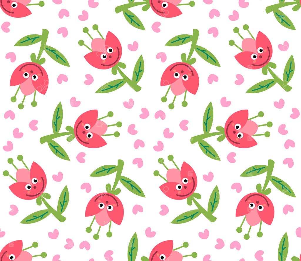 شخصیت‌های گل کارتونی بامزه در الگوی یکپارچه. پس‌زمینه‌ای شاد و کودکانه با طرح موزاییکی.