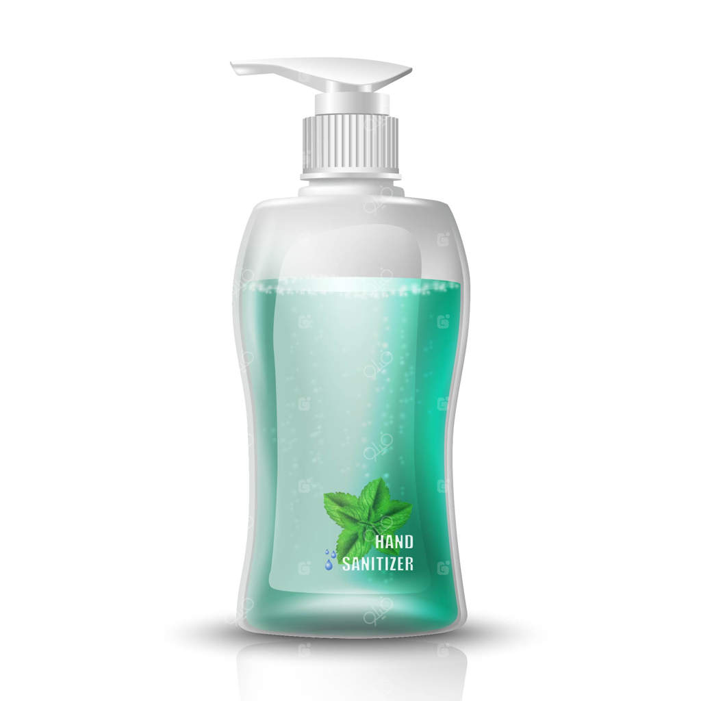 بطری شفاف ژل ضدعفونی کننده دست. تصویر نمادین روی پس‌زمینه سفید.