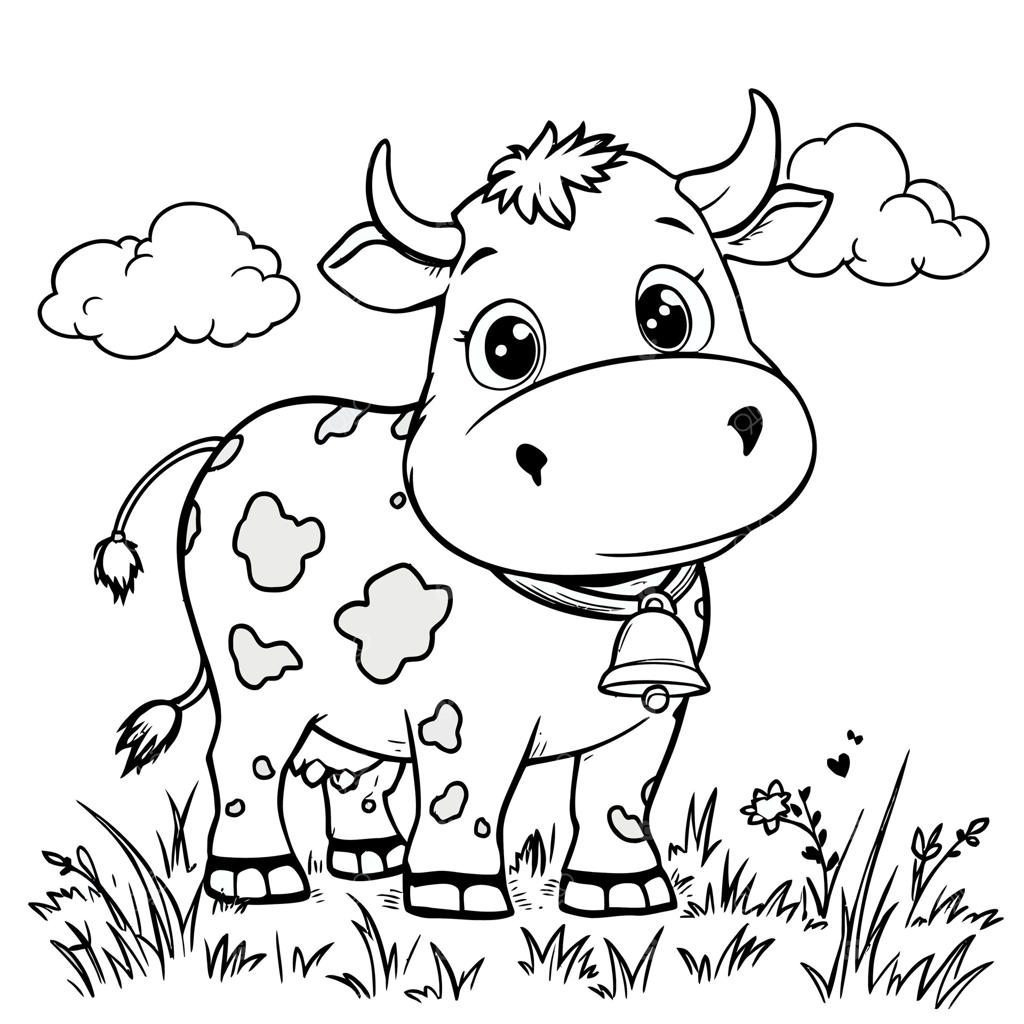 نقاشی خطی یک گاو کارتونی بامزه و خوشحال با زنگوله و خال‌ها در مزرعه‌ای با چمن و ابر برای رنگ‌آمیزی