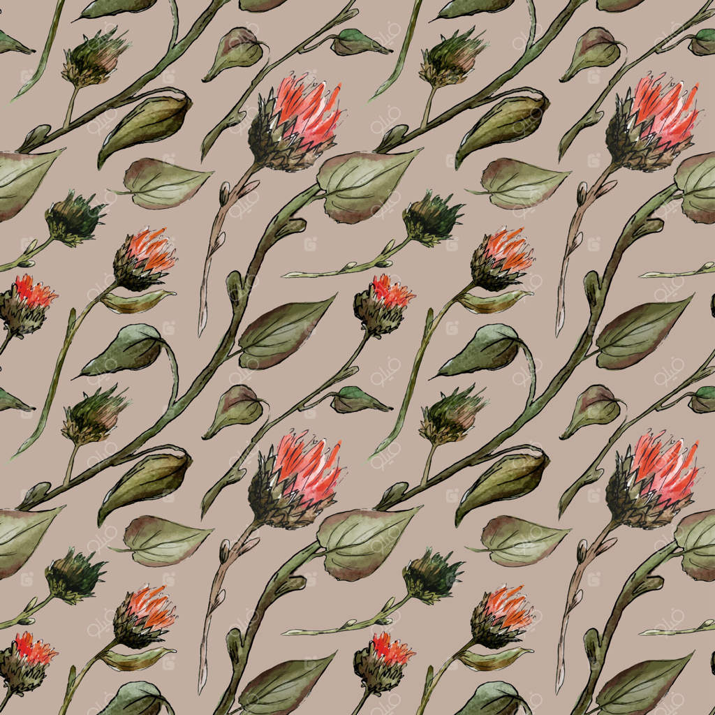 پترن بی‌نقصی از گل‌های صورتی آبرنگی و ساقه‌ها در باغ