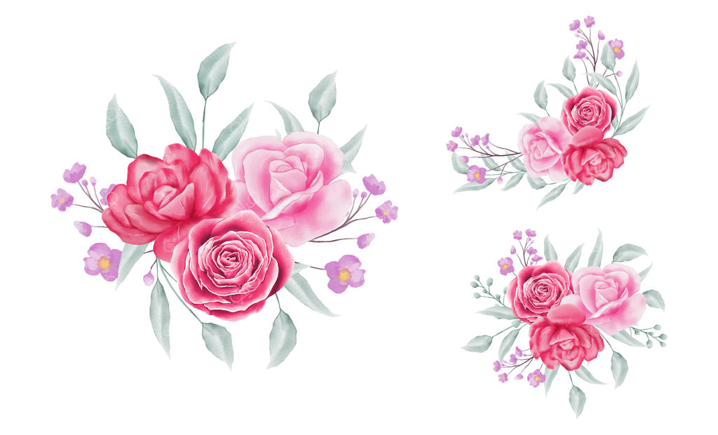 مجموعه‌ای از دسته‌های گل برای کارت‌های عروسی یا پیام تبریک با طراحی آبرنگی