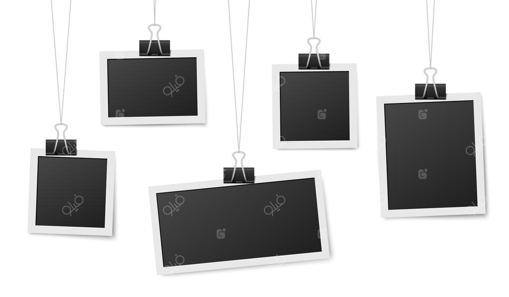 قاب عکس‌ها با گیره: قالب‌های وکتور برای آویختن عکس به سبک کلاسیک با طناب و گیره‌های لباس