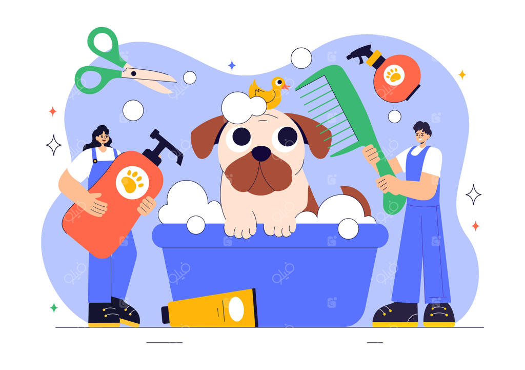 تصویر مراقبت و آرایش حیوانات خانگی با سگ و گربه بامزه به سبک تخت