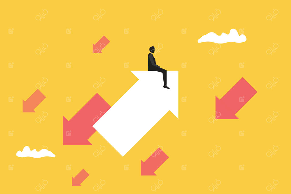 تاجر نشسته بر روی فلش؛ مفهوم بازار صعودی و رشد مثبت کسب و کار