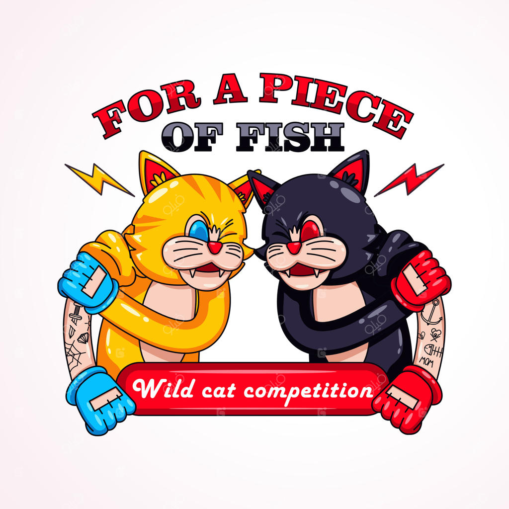 جنگ گربه‌ها بر سر تکه‌ای ماهی: طرح وکتور کلاسیک، مناسب برای نماد، تی‌شرت، استیکر و پوستر
