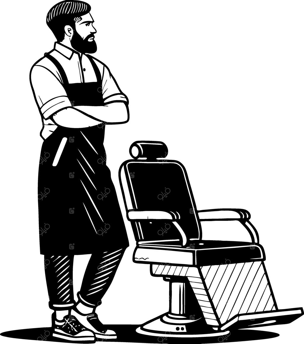 آرایشگر شیک با ریش در کنار صندلی قدیمی آرایشگاه برای خدمات اصلاح و پیرایش