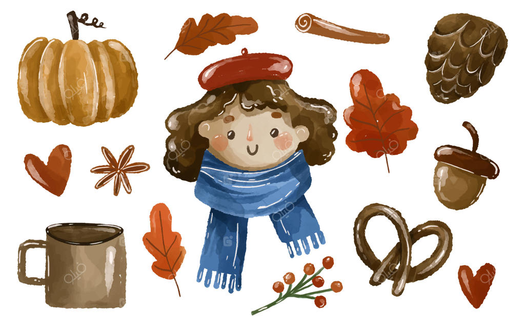 وکتور حرفه‌ای تصویرسازی دنج پاییزی با طرح برگ و کدو تنبل