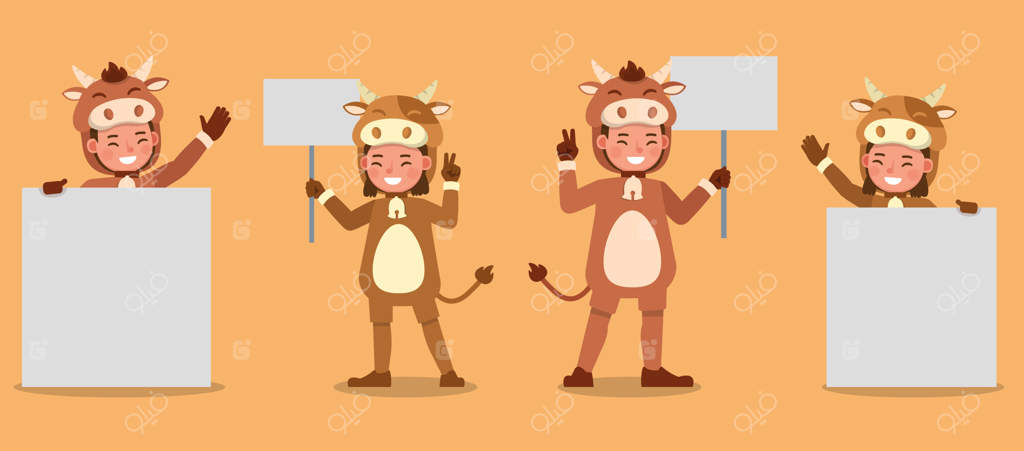 پسر و دختر با لباس گاو: نمایش شخصیت‌ها در حالت‌های مختلف با احساسات گوناگون.