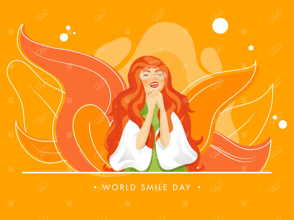 شخصیت دختر جوان شاد و برگ‌های تزئینی بر پس‌زمینه نارنجی برای روز جهانی لبخند.