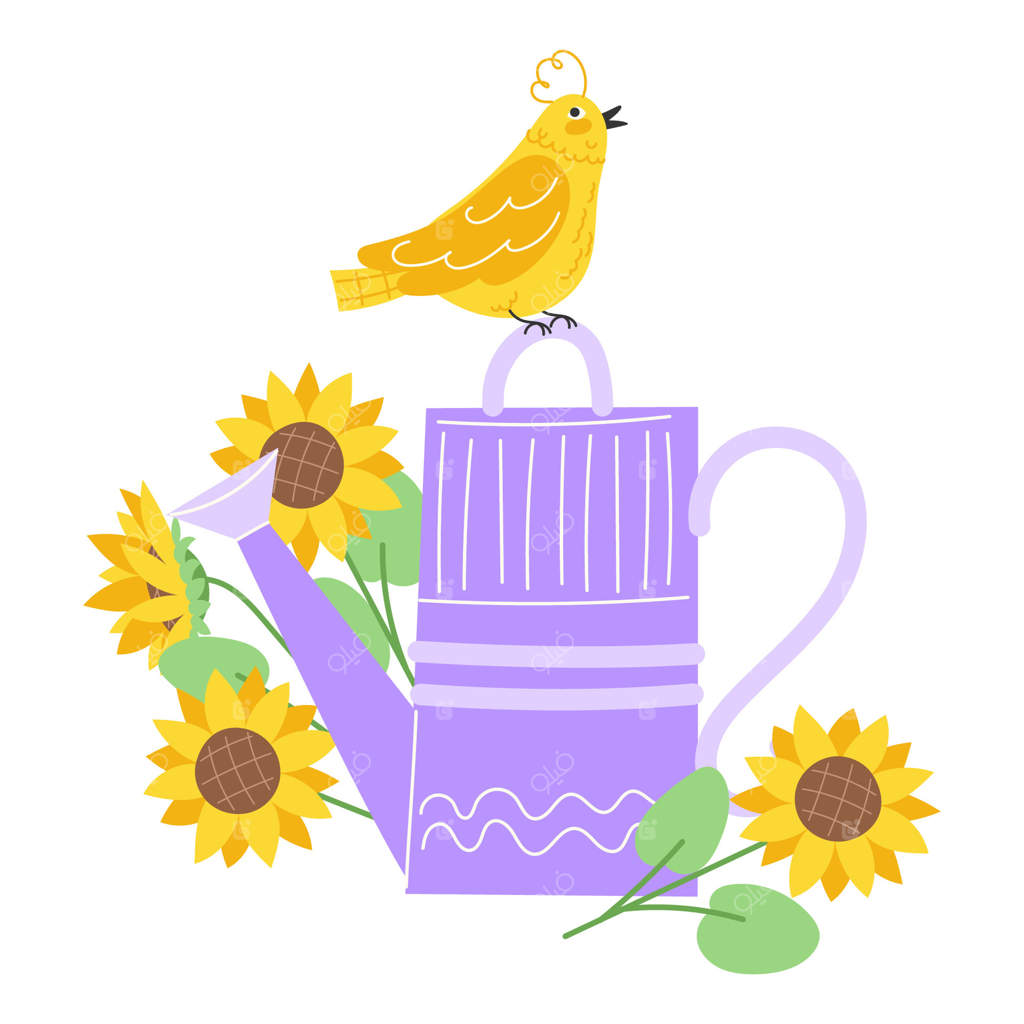 پرنده زرد نشسته روی آبپاش بنفش درخشان در میان گل‌های آفتابگردان زرد