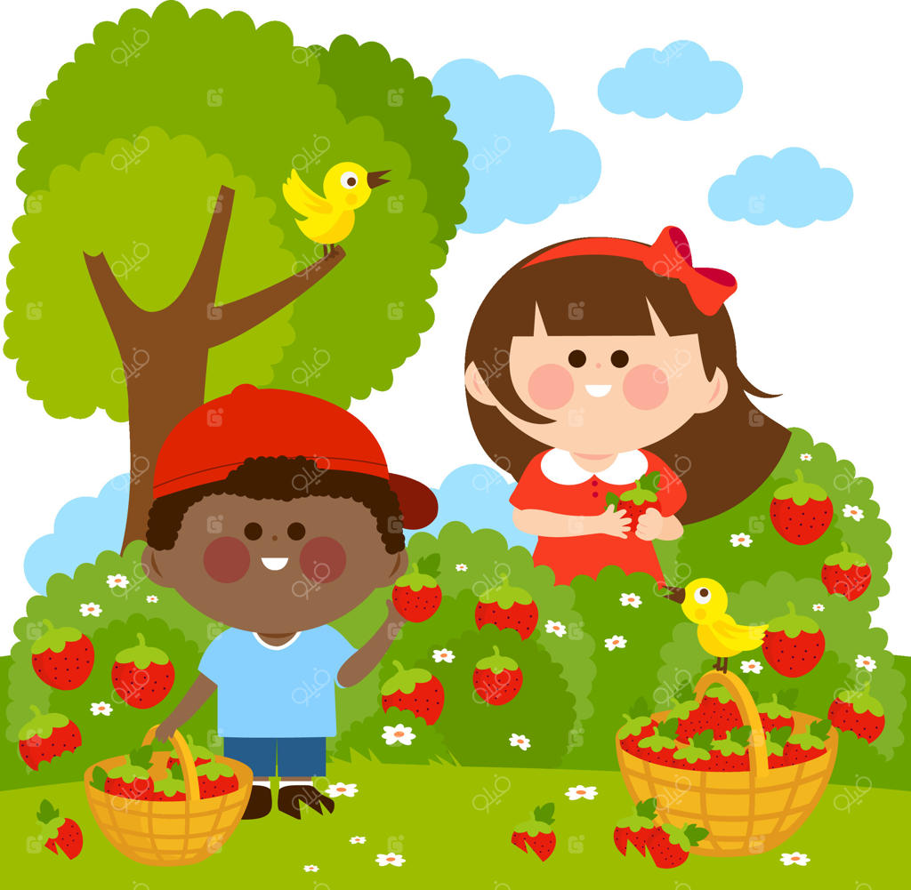 دو کودک در مزرعه: پسری و دختری که در جنگل توت‌فرنگی می‌چینند. بچه‌ها در باغ مزرعه مشغول چیدن و خوردن میوه‌های توت.