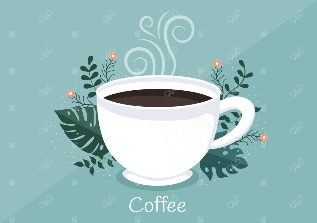 وکتور زمینه فنجان قهوه با دانه‌ها و قوری کاکائو