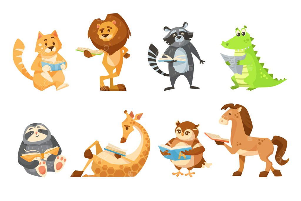 مجموعه تصاویر کارتونی حیوانات بامزه در حال مطالعه: مجموعه‌ای از نقاشی‌ها با تمساح، زرافه و شیر زیرک در حال کتاب‌خوانی. مفهوم کتابخانه و حیات وحش