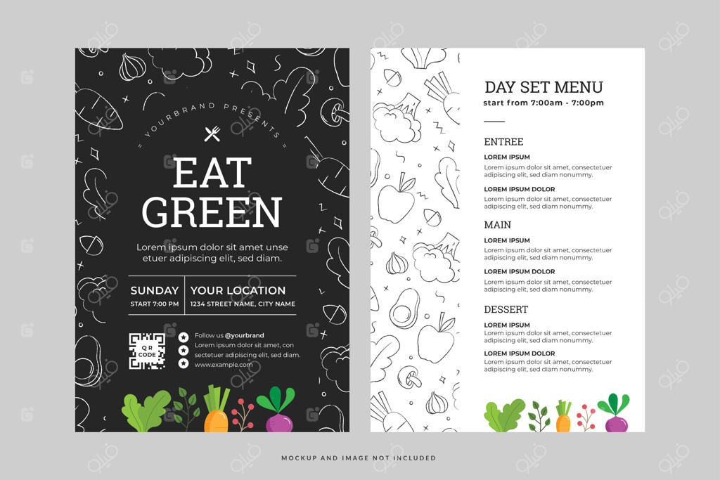 قالب فلایر منوی غذایی ساده وگان و گیاه‌خواری در فرمت وکتور