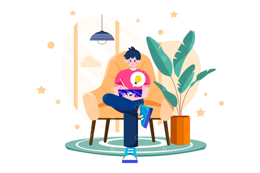 تصویر مفهومی مرد در حال کار روی ایده خلاقانه با تبلت، روی زمینه سفید