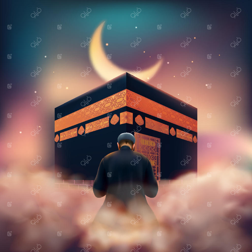 پس‌زمینه‌ای واقعی از حج با کعبه، ابرها و ماه نیمه