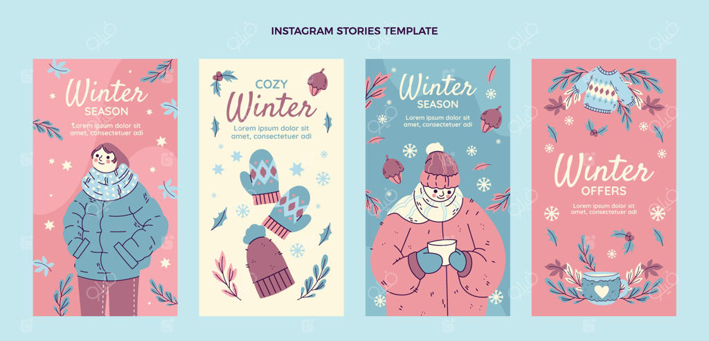 مجموعه استوری‌های اینستاگرام زمستانی با طراحی دستی و تخت