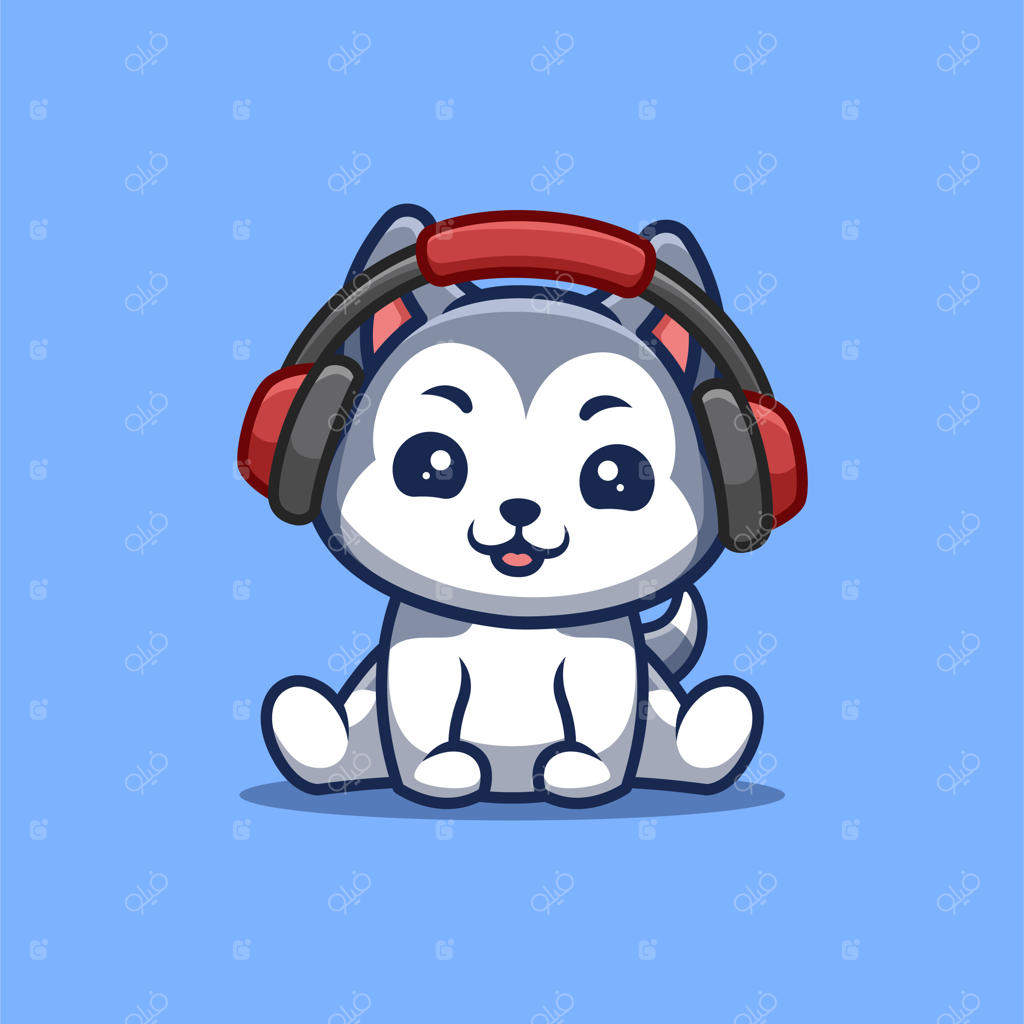 لوگوی کارتونی بامزه و خلاقانه هاسکی نشسته و گوش دادن به موسیقی