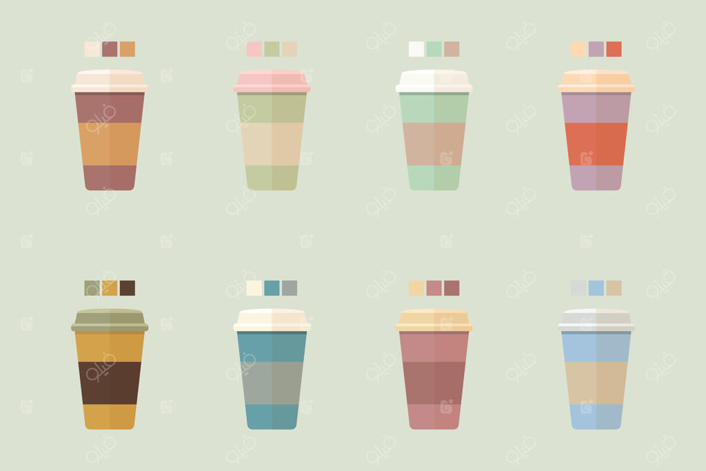 طرح فنجان‌های قهوه بیرونی با رنگ‌های ملایم و کلاسیک.