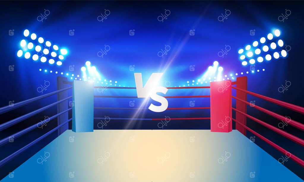 صفحه مقابل برای نبرد ورزش و بازی - رینگ بوکس و نورافکن‌ها در برابر نورهای درخشان استادیوم: طرح مفهومی پس‌زمینه وکتور