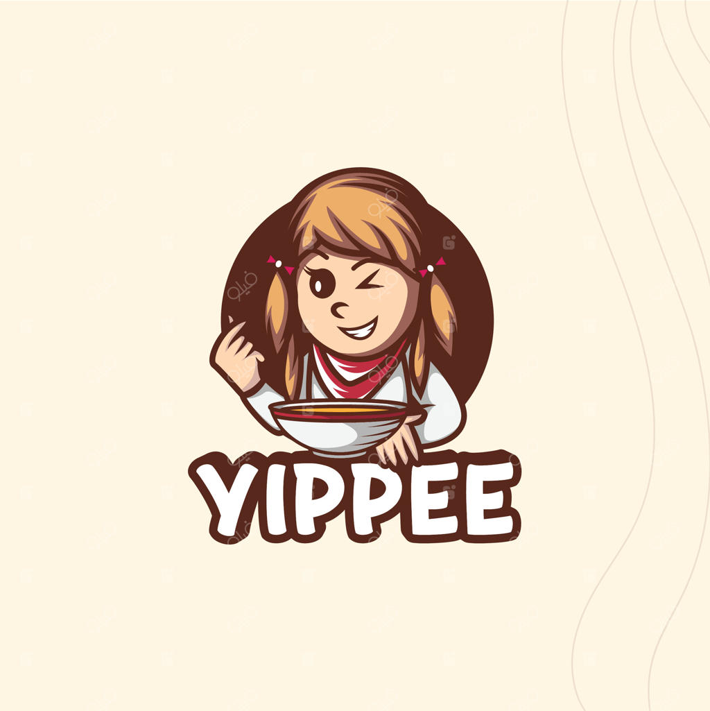 لوگوی مسکات دختری شاد با سوپ خوشمزه، تصویرسازی غذایی به سبک نوستالژیک و بامزه.