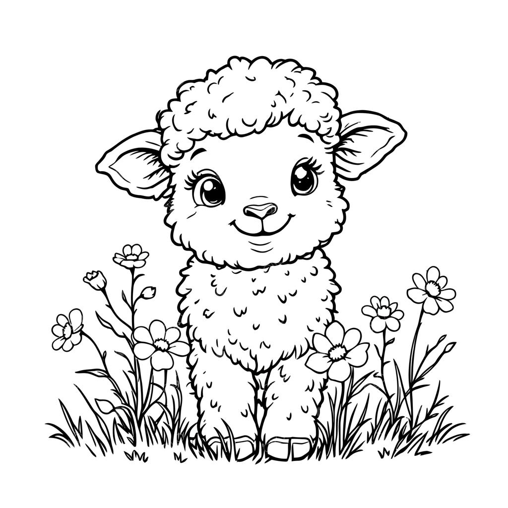 بره بانمک نشسته در دشت گل‌ها برای سرگرمی رنگ‌آمیزی