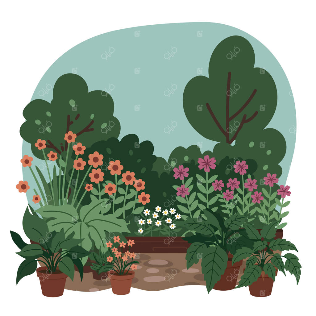 صحنه باغ سرسبز با طراحی تخت و هنر رنگارنگ گل‌ها و سبزی‌های زنده